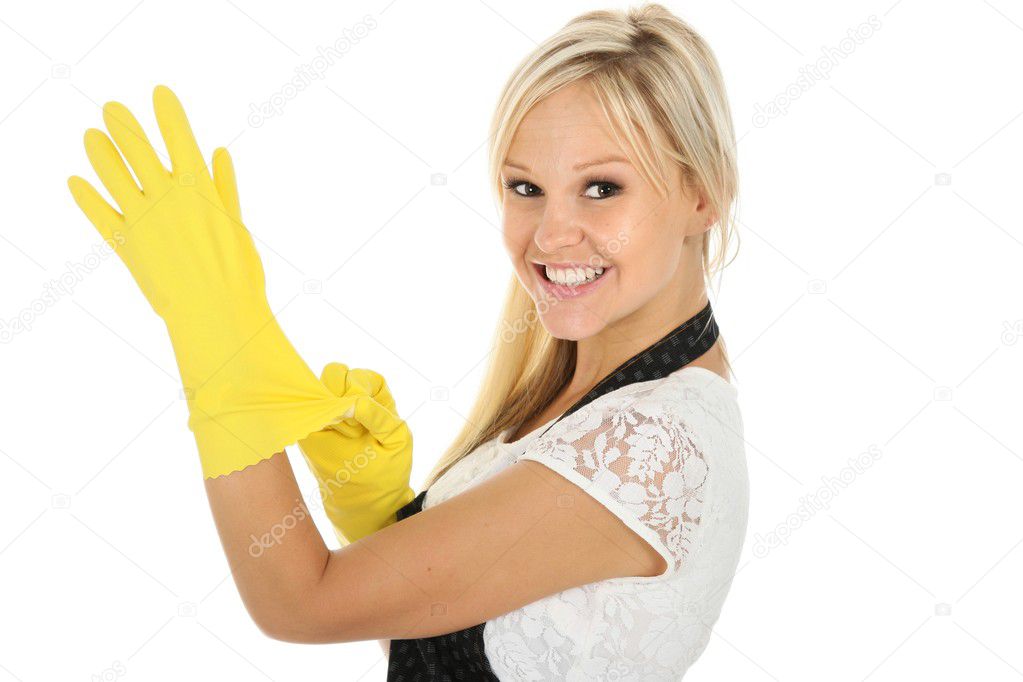 Lovely Smiling Woman in Yellow Gloves
