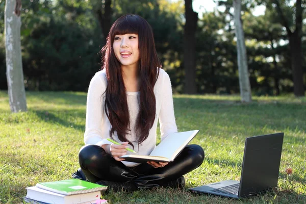 Ein lächelnder asiatischer Student studiert. — Stockfoto