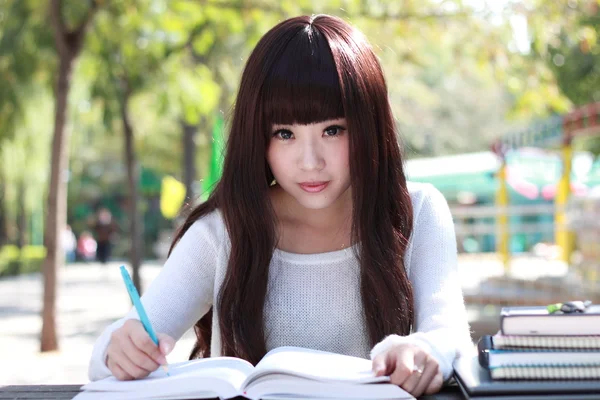 Uno studente asiatico sorridente sta studiando . Fotografia Stock