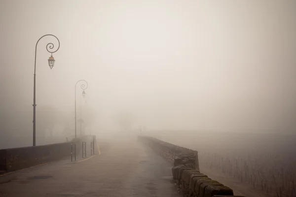 Foggy road with old lamps — Stock Photo, Image