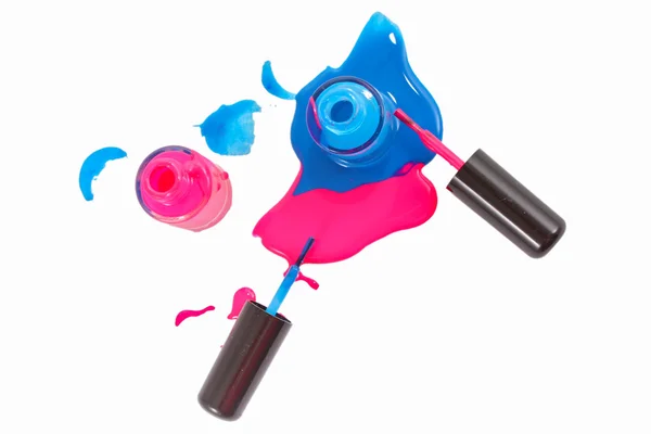 분홍색과 파란색 반짝이 매니큐어의 상위 뷰 — 스톡 사진