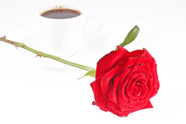 Kaffeetasse und rote Rose — Stockfoto