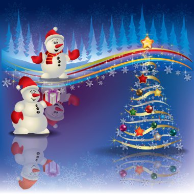 Christmas background with snowmen and tree clipart