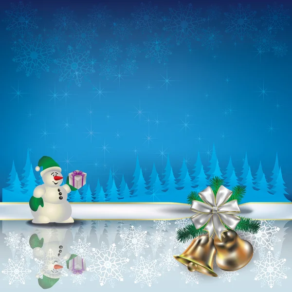 Jul hälsning med snögubbe och klockor — Stock vektor
