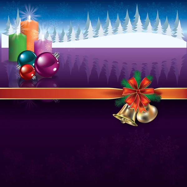 Saludo navideño con decoraciones y velas — Vector de stock