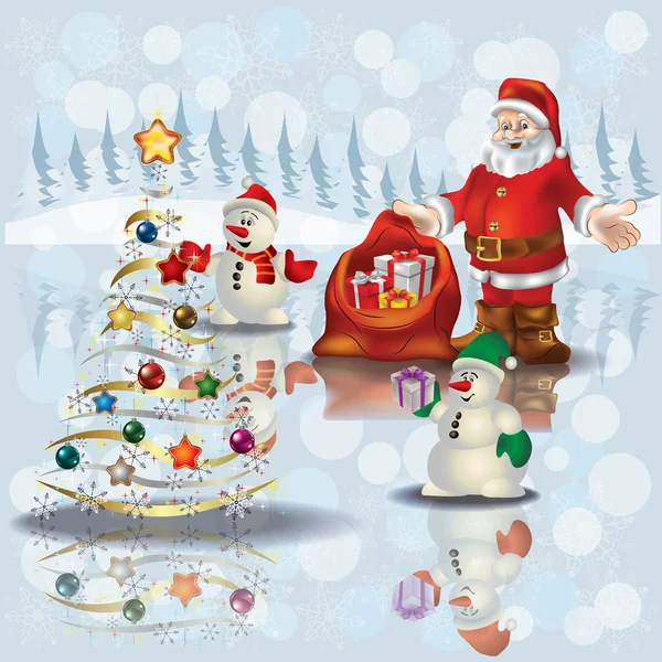 Saludo de Navidad con muñecos de nieve y Papá Noel — Vector de stock