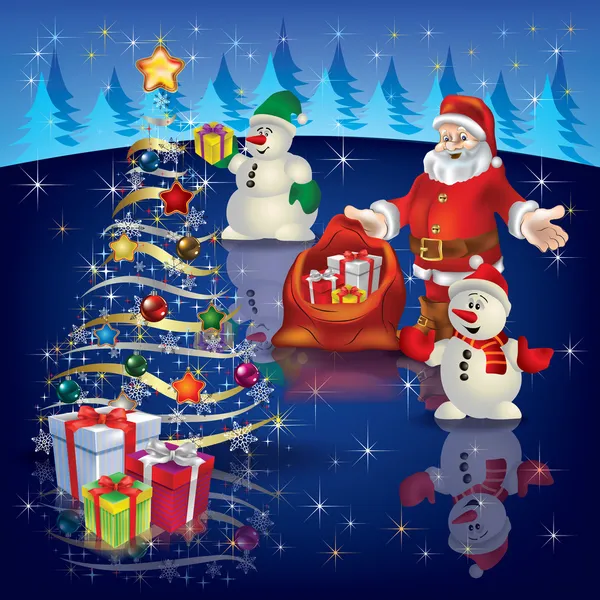 Saludo navideño con Papá Noel y árbol — Vector de stock