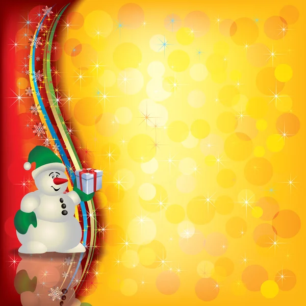 Salutation de Noël avec bonhomme de neige et cadeau — Image vectorielle