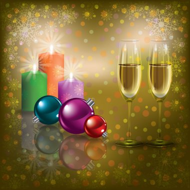 Şampanya ve mum Noel tebrik