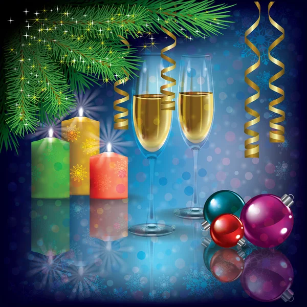 Saluto natalizio con champagne e decorazioni — Vettoriale Stock