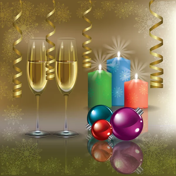 シャンパンやキャンドルでクリスマスの挨拶 — ストックベクタ