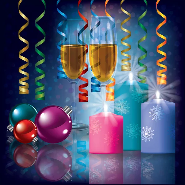 Jul hälsning med ljus och champagne — Stock vektor