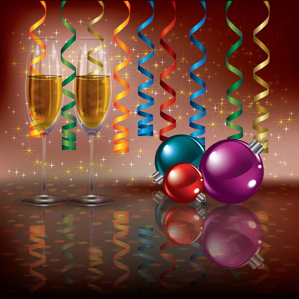 Życzenia bożonarodzeniowe z szampana i dekoracje — Wektor stockowy