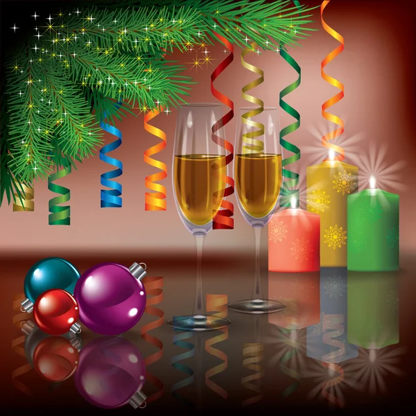 Salutation de Noël avec champagne et arbre — Image vectorielle