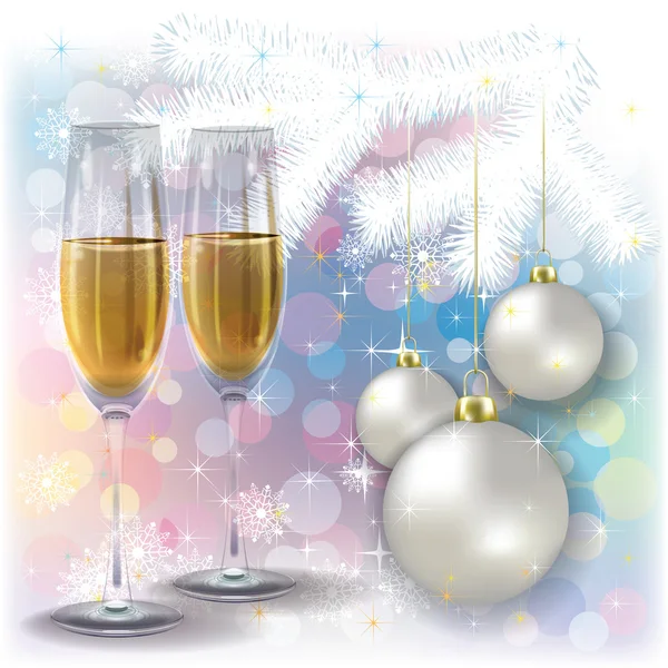 Saudação de Natal com champanhe e decorações — Vetor de Stock