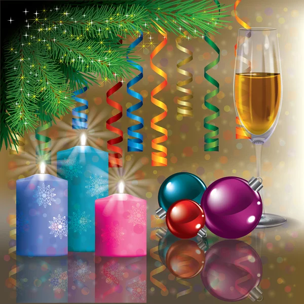 Christmas greeting met champagne en boom — Stockvector