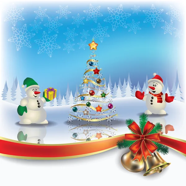Christmas greeting with snowmen and tree — Stock Vector