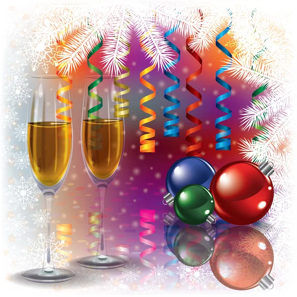 Vánoční pozdrav s šampaňským a dekorace — Stockový vektor