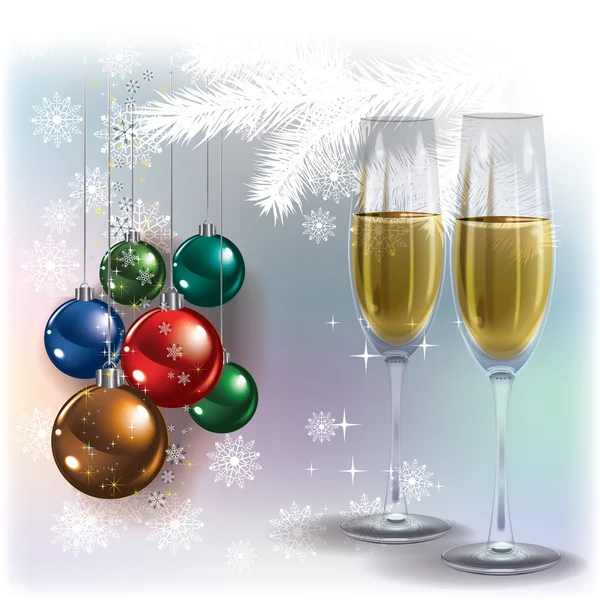 Рождественское поздравление с шампанским и украшениями — стоковый вектор