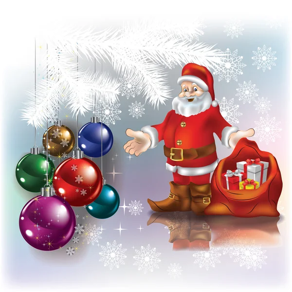Resumen Saludo navideño con Papá Noel y regalos — Vector de stock