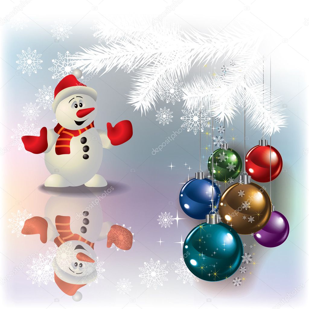 Christmas white greeting with snowman and decorations