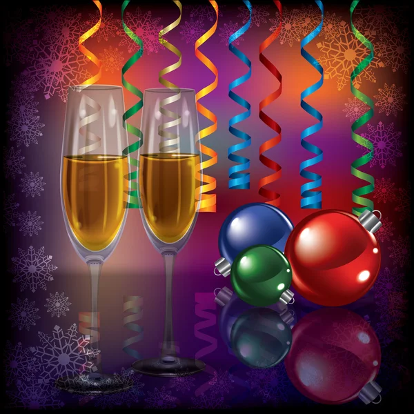 Życzenia bożonarodzeniowe z szampana i dekoracje — Wektor stockowy