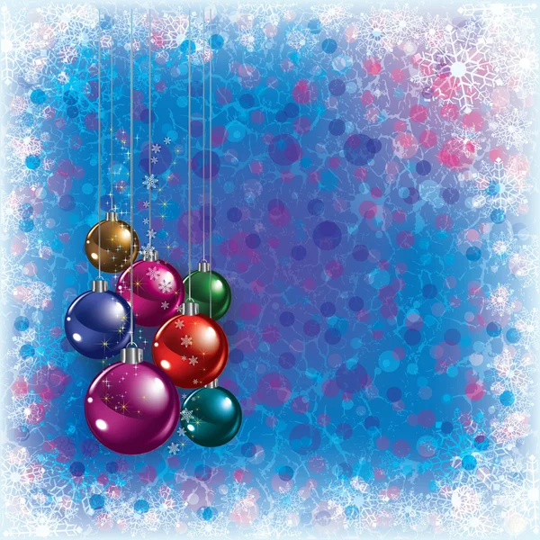 Modré pozdrav s vánoční výzdobou a sněhové vločky — Stockový vektor
