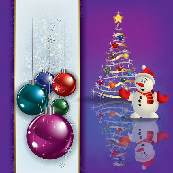 Saudação com árvore de Natal e boneco de neve — Vetor de Stock