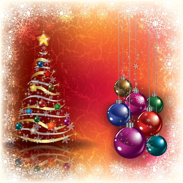 Grunge achtergrond met kerstboom en decorations — Stockvector