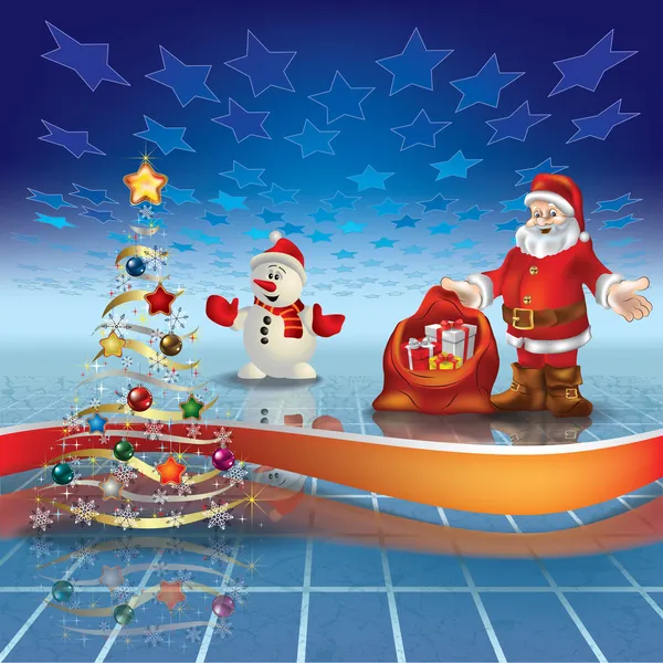 Saludo azul con árbol de Navidad y Santa Claus — Vector de stock
