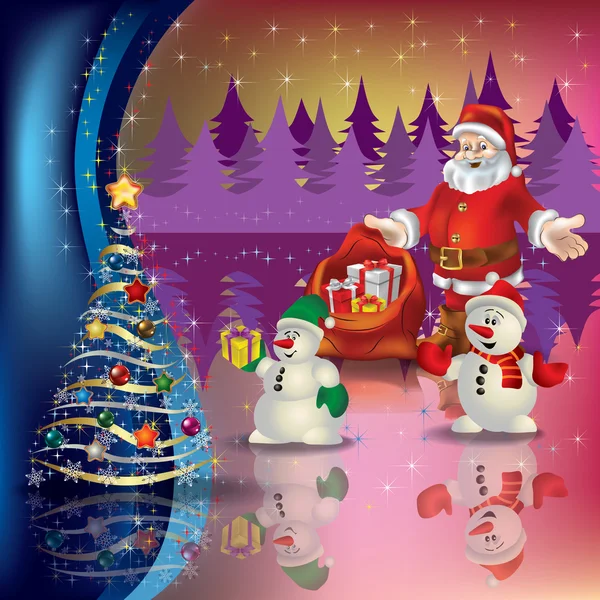 Greeting with Santa and Christmas tree — Stock Vector