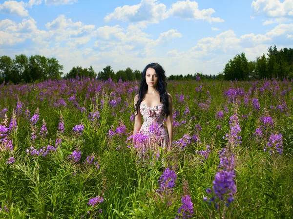 Dame auf einer Blumenwiese — Stockfoto
