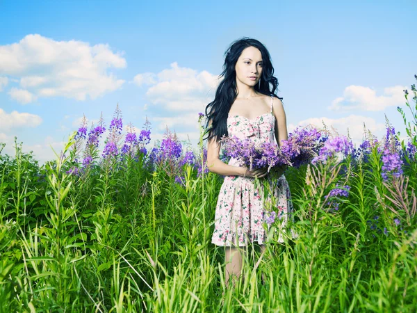 Damen i en blomma äng — Stockfoto