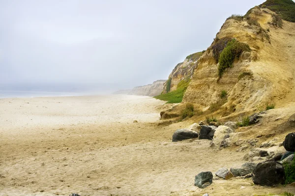 Nebliger Sandstrand entlang der Klippen des Pazifischen Ozeans — Stockfoto