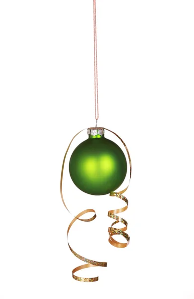 Beautiful green ornament hanging with curly ribbon — Stock Photo, Image