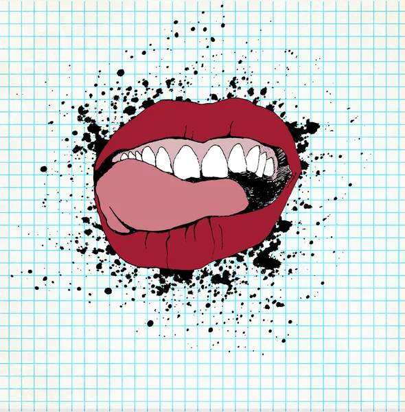 Volledig open mond met tanden en tong likken zijn lippen. op — Stockfoto