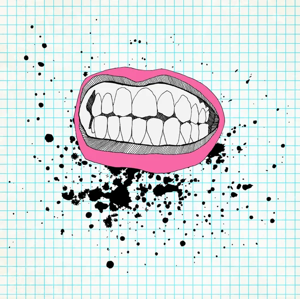 Schizzo delle labbra e dei denti sul foglio scolastico. Grunge backgro — Foto Stock