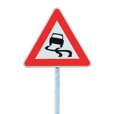 Slippery when wet road sign, isolated signpost and traffic signage clipart