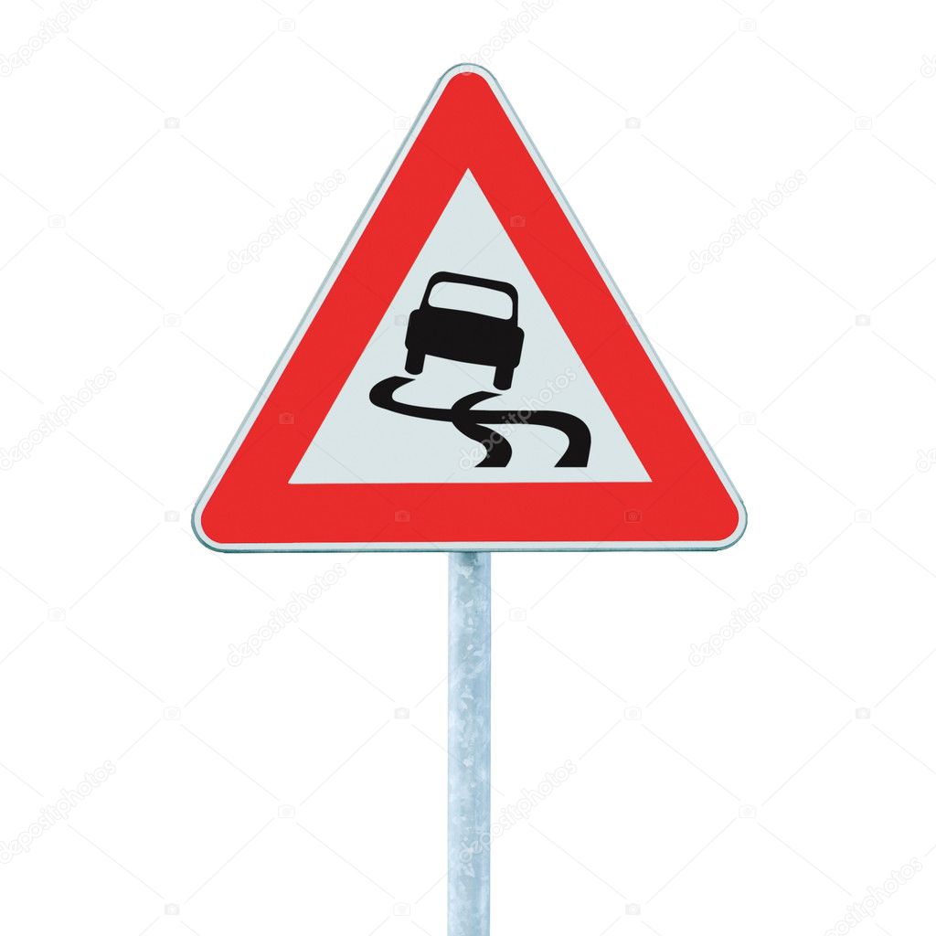 Slippery when wet road sign, isolated signpost and traffic signage