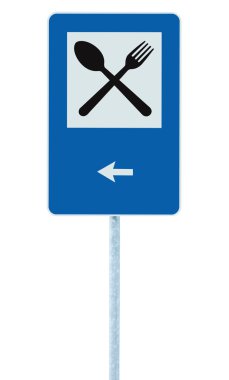 Restaurant sign on post pole, traffic road roadsign, blue isolated clipart