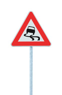 Slippery when wet road sign, isolated signpost and traffic signage clipart