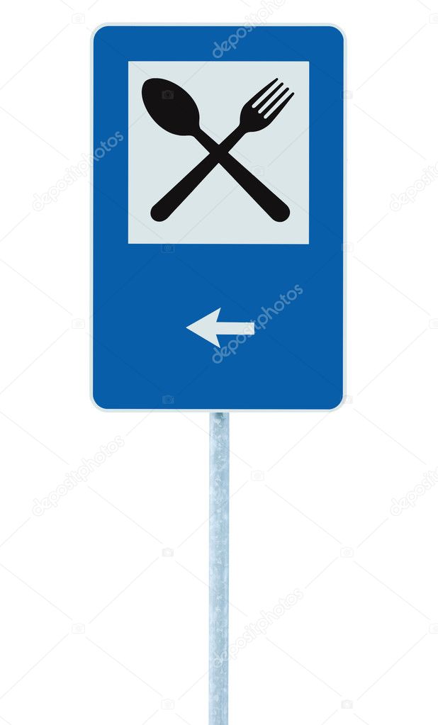 Restaurant sign on post pole, traffic road roadsign, blue isolated