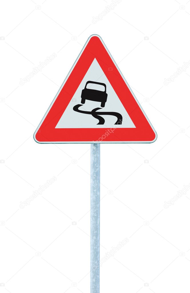 Slippery when wet road sign, isolated signpost and traffic signage