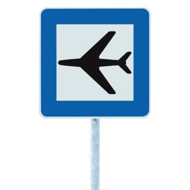 Airport sign, blue isolated road traffic airplane icon signage signpost clipart