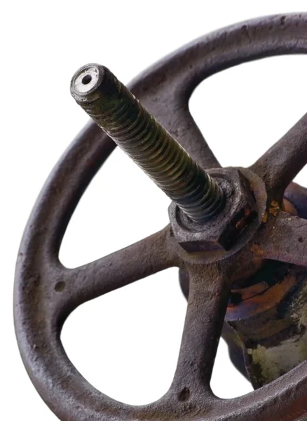 Industriële ventiel wiel en stam verweerde grunge klink close-up geïsoleerd — Stockfoto