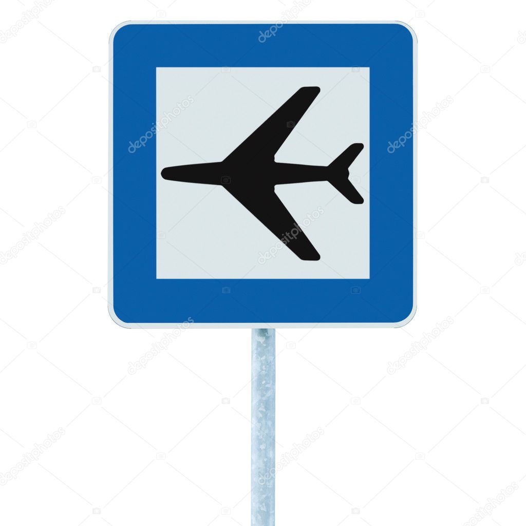 Airport sign, blue isolated road traffic airplane icon signage signpost