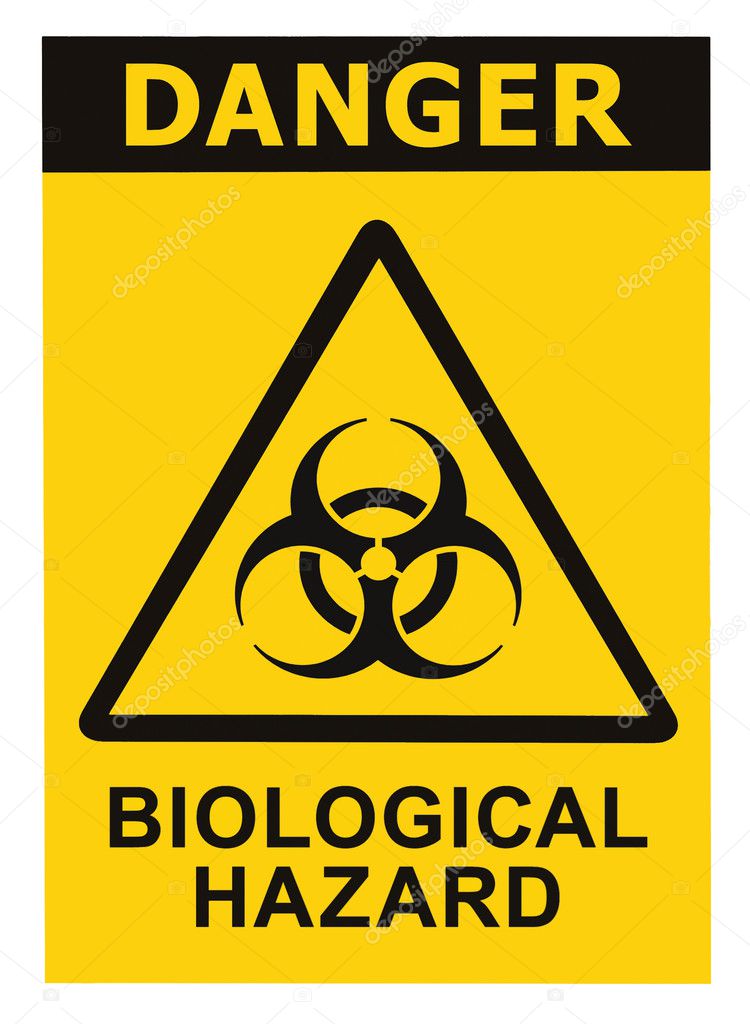 Biohazard symbol sign of biological hazard danger threat alert, black yellow triangle signage text isolated, large detailed macro closeup