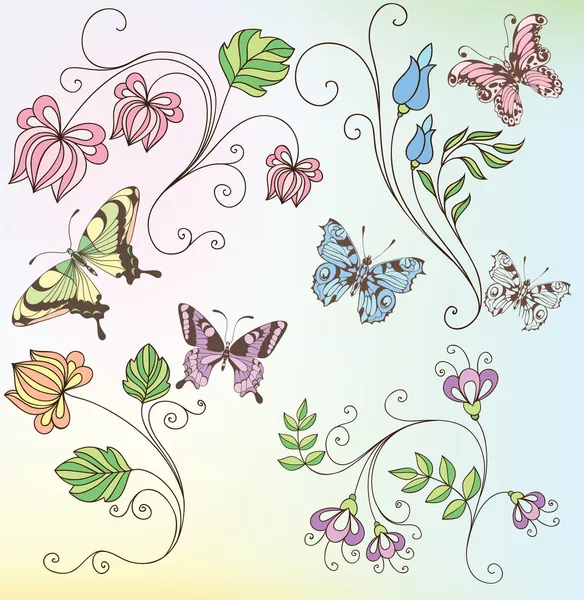 Conjunto de flores y mariposas — Archivo Imágenes Vectoriales