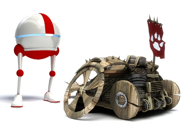 Funny robot and old car isolated on white background — Stock Photo, Image