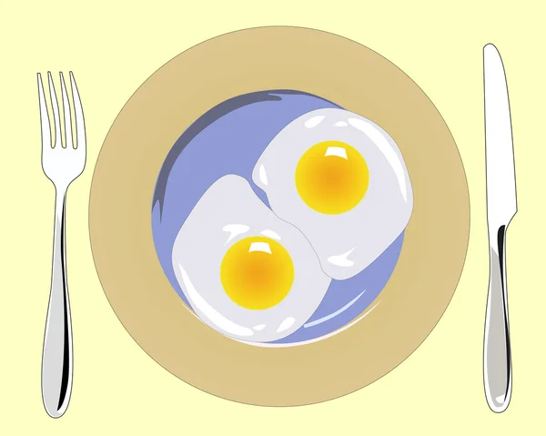 Garfo com uma faca e um prato de ovos mexidos —  Vetores de Stock